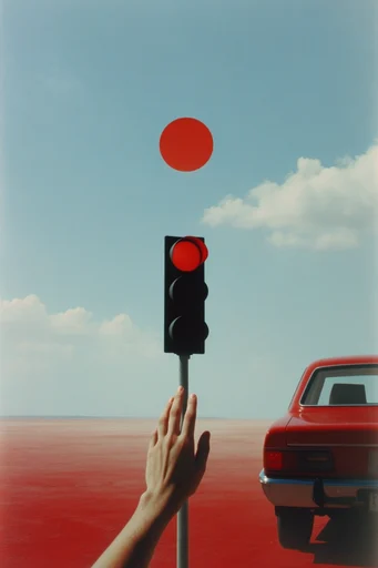 Cinematic Retro Surrealism style reference image — saturated primary colors