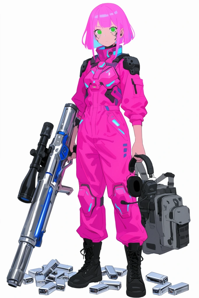 An anime-style girl stands against a stark white background holding tactical gear and a massive weapon. She wears a neon pink cyberpunk jumpsuit with glowing armor panels. Her short neon pink hair frames cybernetic glowing green eyes. Her right hand grips a metallic silver energy cannon featuring blue accents and a large black optical scope. Her left hand holds a black tactical headset and a heavy gray equipment pack. Scattered chrome energy cells litter the floor around her black combat boots. The illustration uses flat anime shading and clean linework.