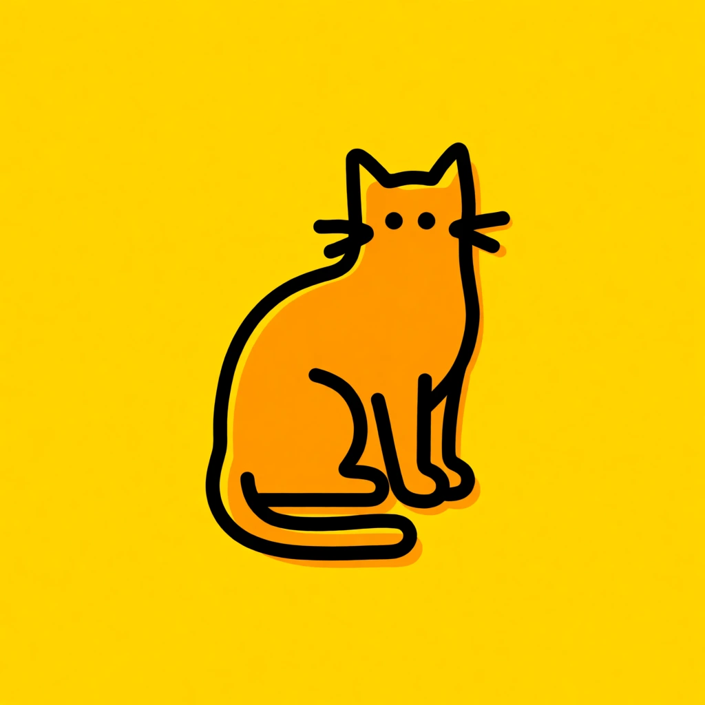 minimalist vector illustration of a seated cat, thick black continuous line art, solid bright yellow background, warm orange interior fill slightly offset from the outline, simple dot eyes, minimal straight whiskers, curved tail wrapping around the body, flat graphic design, bold contrast