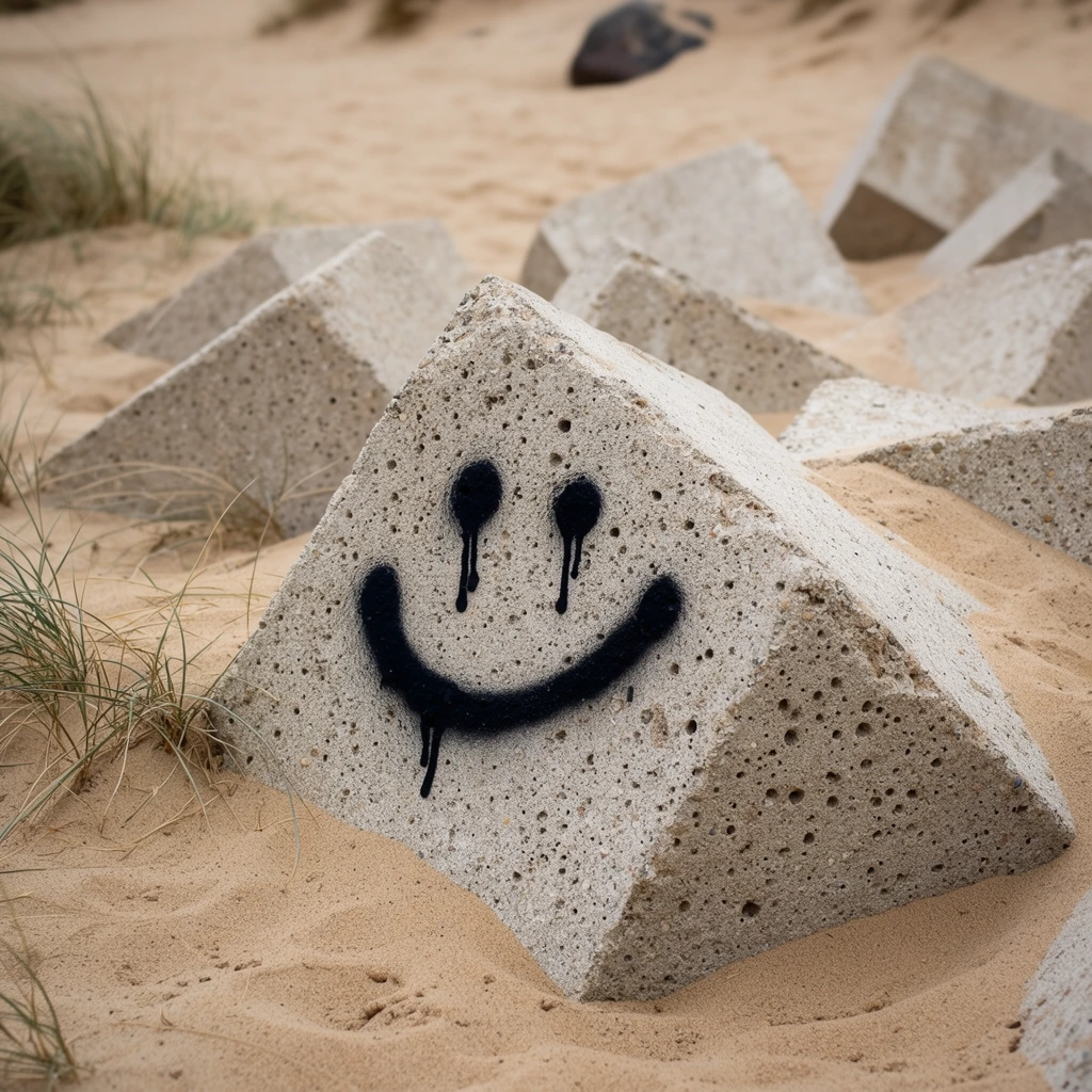 large porous geometric concrete block partially buried in fine sand, crudely spray-painted black dripping smiley face on the primary angled facet, rough textured surface, scattered similar concrete structures in the surrounding sand, sparse patches of dry green dune grass growing near the bases, soft natural daylight, shallow depth of field, blurred background showing undulating sand and a dark distant rock, earthy color palette of tans and grays contrasting with stark black paint, close-up perspective, high-resolution photography, focus on texture