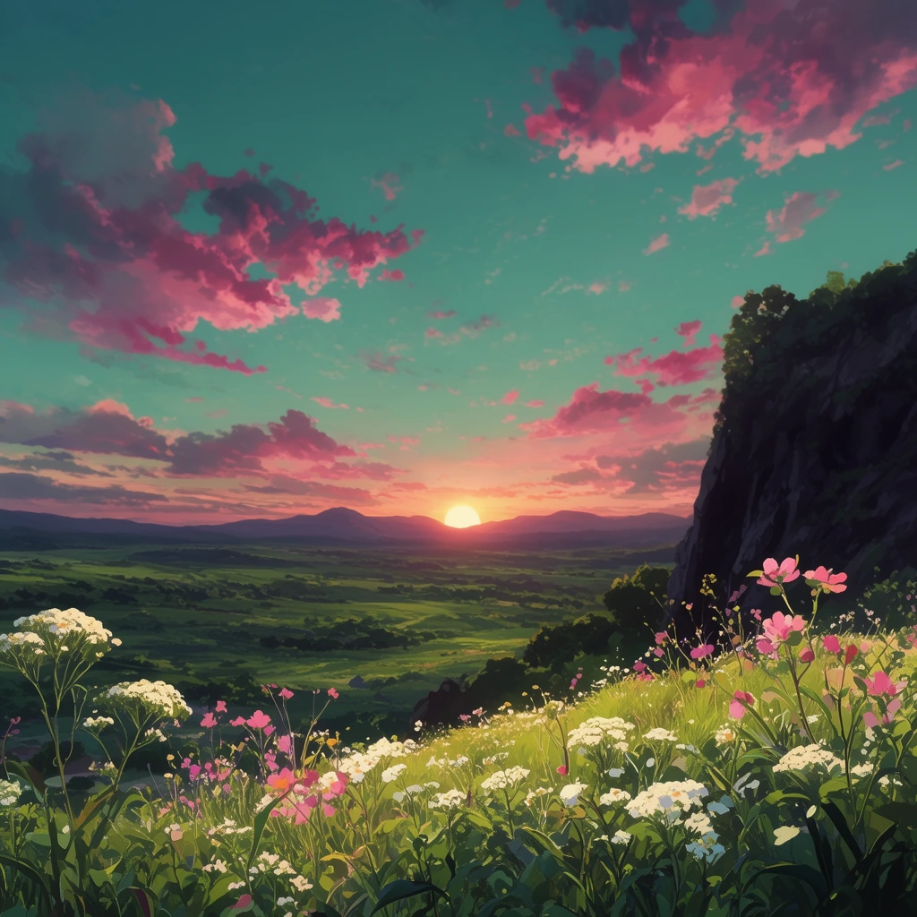 vibrant anime-style landscape at sunset, detailed white and pink wildflowers framing the foreground, vast rolling green valley, steep dark rocky cliff on the right, glowing sun dipping behind distant mountains, expansive teal sky scattered with fluffy magenta and pink clouds, warm cinematic lighting, 2D animation background art, lush painterly textures