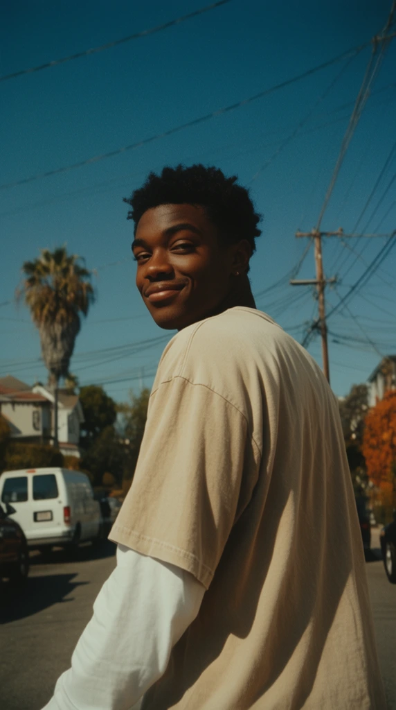young Black man looking back over his shoulder with a gentle smile, layered oversized beige t-shirt over white long sleeves, sunlit residential street, clear deep blue sky, crisscrossing power lines, distant palm tree, parked white van, cinematic film still, 35mm photography, film grain, nostalgic teal and orange color grading