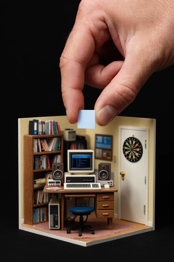 giant human hand pinching tiny square over miniature 1980s computer desk diorama, retro electronics, bookshelves, door with dartboard, macro photography, black background