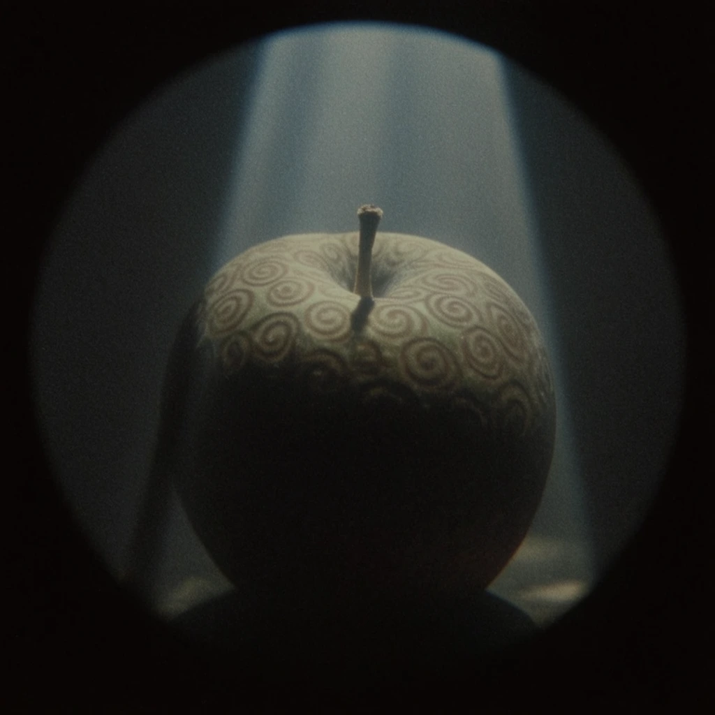 A round fruit with spiral patterns and a stem sits centrally within a stark, circular iris vignette surrounded by absolute blackness. A distinct, top-down beam of cool, diffused light cuts through the heavy atmosphere, directly illuminating the patterned surface and stem of the fruit while casting deep, crushing chiaroscuro shadows on its lower half. The visual aesthetic mimics vintage cinematic photography, heavily characterized by thick film grain, soft optical focus, and a highly desaturated, muted color palette. The extreme low-key lighting setup and theatrical spotlight-driven composition isolate the textured subject, creating a dramatic, moody atmosphere perfectly contained inside the optical circular frame.