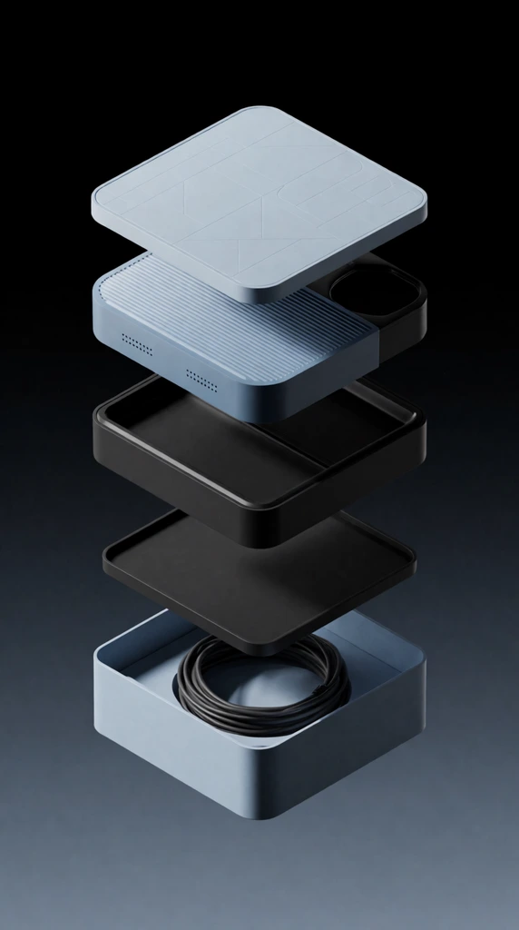 Exploded isometric 3D render of sleek tech packaging floating against a dark gradient background. A light blue lid with subtle geometric textures hovers above a ridged blue and black device. Below, a black tray and flat square insert float over a light blue base box holding a coiled black cable. Soft studio lighting emphasizes matte finishes and minimalist industrial design.