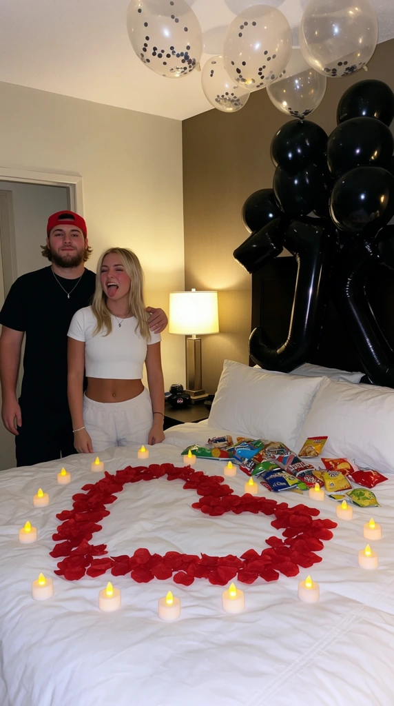 young couple posing in a decorated bedroom, blonde woman in a white crop top sticking her tongue out, bearded man in a black t-shirt and backward red cap standing behind her with his hand on her shoulder, foreground bed with white linens, red rose petals arranged in a large heart shape, scattered LED tea lights, colorful snack wrappers, clear floating balloons filled with dark confetti, glossy black foil balloons clustered by a dark headboard, warm bedside lamp, casual indoor snapshot