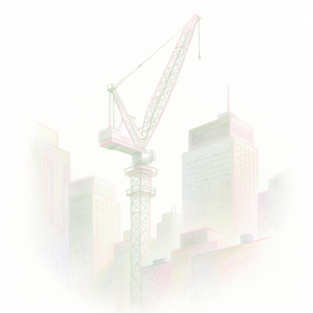 A delicate, high-key colored pencil illustration of a tall construction crane rising amidst geometric city buildings, rendered with pale, ethereal pastel tones against a pristine white background. The central crane features an intricate lattice structure defined by thin, precise contour lines and soft hatching in faint sage green and pale rose pink. Flanking the crane, the surrounding skyscrapers and blocky rooftops emerge through light, wispy pencil strokes. The architectural facades display subtle vertical and horizontal linework indicating window grids, shaded with overlapping layers of low-saturation, luminous pastel colors to create a soft, grainy texture characteristic of colored pencil on paper. Gentle, directional hatching anchors the base of the cityscape, transitioning smoothly into the pure white expanse that envelops the centralized composition.