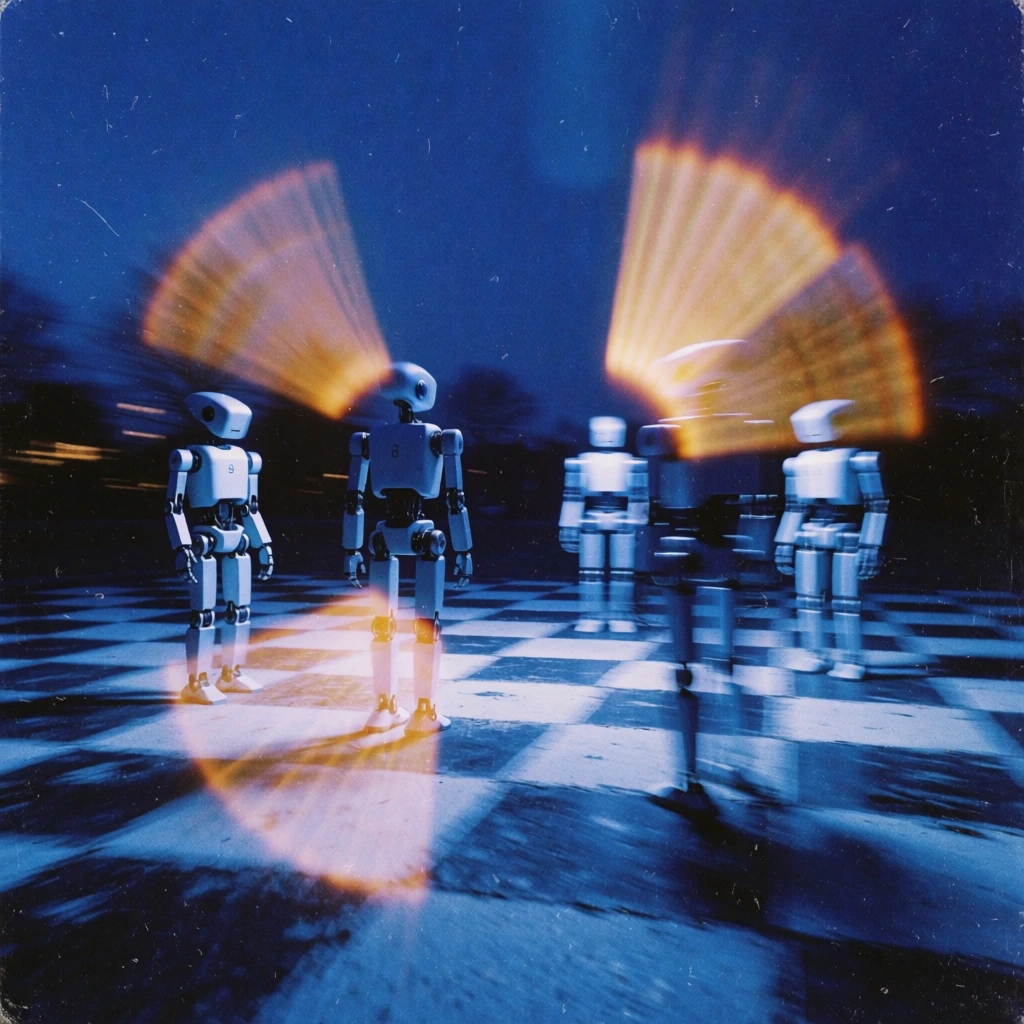 four humanoid robots standing on an expansive outdoor checkerboard grid, deep indigo and cerulean monochromatic wash, heavy analog film grain with high-frequency gritty noise, ethereal shutter-drag motion blur creating ghosting silhouettes, localized high-contrast amber light leaks with fan-like soft-focus bokeh flaring, underexposed crushed blacks, painterly scanned-print texture, experimental long-exposure photography, nostalgic lo-fi aesthetic, moody and haunting atmosphere.
