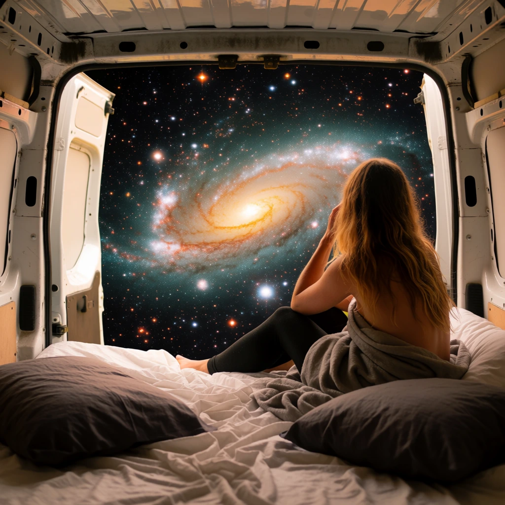 A woman with long, wavy light-brown hair sits on a bed inside the back of a white van, gazing out the open doors at a vast, glowing galaxy filled with stars. Viewed from behind, she is positioned on the right side of the frame, wrapped partially in a grey blanket with her right arm raised toward her face. She wears black leggings and sits amidst rumpled white bedsheets and two dark grey pillows that fill the lower foreground. The interior of the van features white metal walls and structural details like hinges and latches framing the view. The open doorway reveals a deep-space vista dominated by a large spiral galaxy with a brilliant yellow-white core. Swirling arms of teal, orange, and white cosmic dust extend across the black expanse, which is densely populated by thousands of tiny, shimmering stars of various sizes and colors. The composition uses the van's rear opening as a frame for the surreal celestial background, creating a high-contrast scene where the neutral, soft-lit interior meets the vibrant, saturated colors of the cosmos. The lighting is warm and gentle on the woman’s hair and the fabric of the bed, while the galactic core provides a secondary light source from the center of the image.