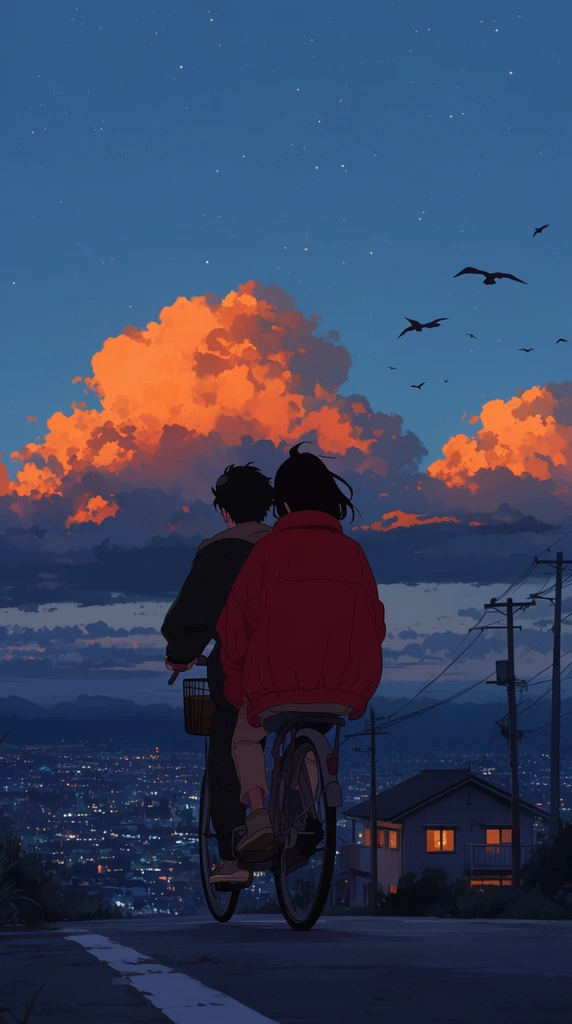 two figures riding a single bicycle away from the viewer, passenger wearing an oversized red jacket, paved road overlooking a sprawling city with twinkling lights, house with warm glowing windows, utility poles and power lines, deep blue twilight sky with stars, massive clouds illuminated by vibrant orange sunset light, silhouetted birds in flight, 2D digital illustration, atmospheric anime aesthetic, serene mood