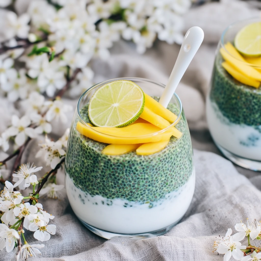 rounded glass of layered green chia seed pudding and white yogurt, yellow mango slices, lime wheel garnish, white ceramic spoon, resting on crumpled light grey linen, framed by delicate white blossom branches, bright natural daylight, blurred background with a second glass, shallow depth of field, appetizing food photography