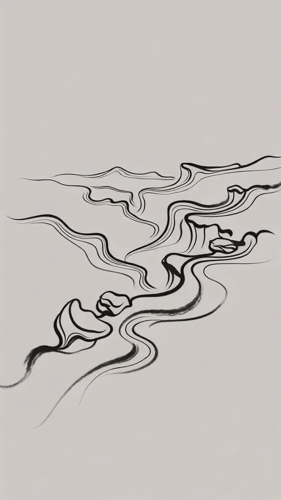 minimalist rocky landscape overlooking a deep valley with boulders, rendered as fluid multi-layered calligraphic black ink lines on a muted grey background, organic topographical linework composition, rhythmic gestural strokes with varying weights, abstract landscape silhouette, high contrast monochrome aesthetic, ethereal fine line art, mimicking the undulating parallel ribbons of the source image to define cliffs and stones in a single continuous flowing gesture.