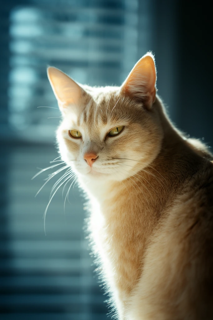 A close-up portrait of a light orange tabby cat bathed in intense, directional sunlight. Positioned on the right, the cat turns slightly left with partially narrowed, yellow-green eyes in a calm, intense gaze. Crisp focus highlights its pale golden and cream fur, a delicate pink nose, and sweeping white whiskers. A strong rim light traces the silhouette of its pointed ears and back, creating a luminous glow. The heavily blurred background features a shallow depth of field with cool cyan and slate blue tones, revealing faint horizontal lines of window blinds. High-contrast cinematic photography juxtaposes the warm, radiant foreground against the deeply muted, soft background.