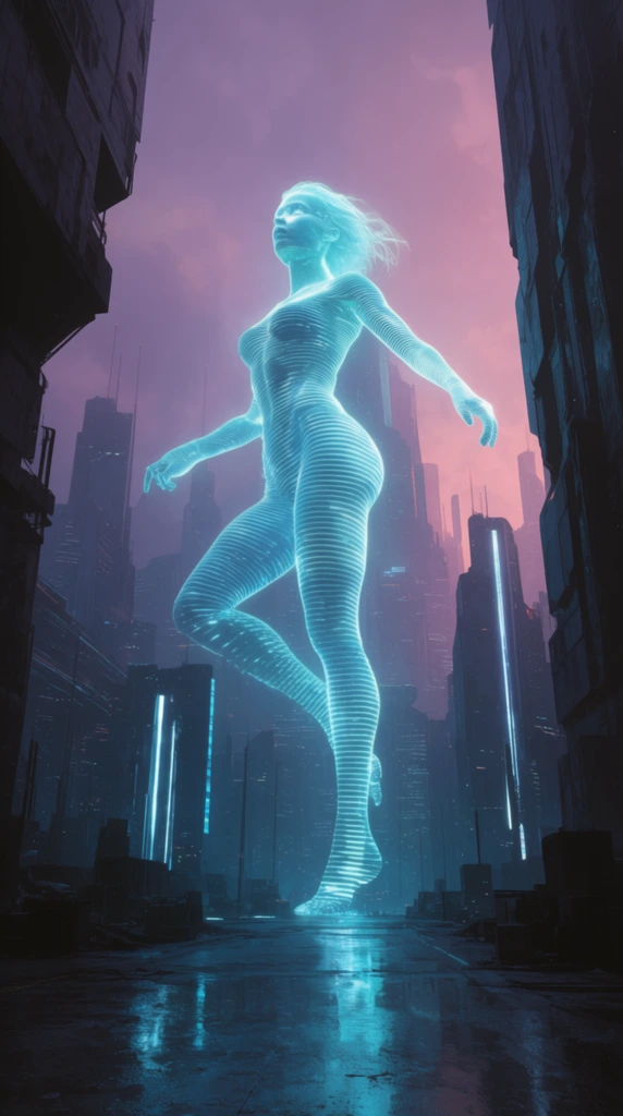 colossal glowing cyan holographic woman constructed of horizontal light bands, dynamic pose towering over a dense futuristic metropolis, towering skyscrapers fading into a hazy pink and purple twilight sky, dark architectural silhouettes framing the foreground, wet street surface reflecting intense cyan neon light, glowing vertical accents on buildings, cinematic wide-angle perspective, atmospheric sci-fi digital art, moody lighting