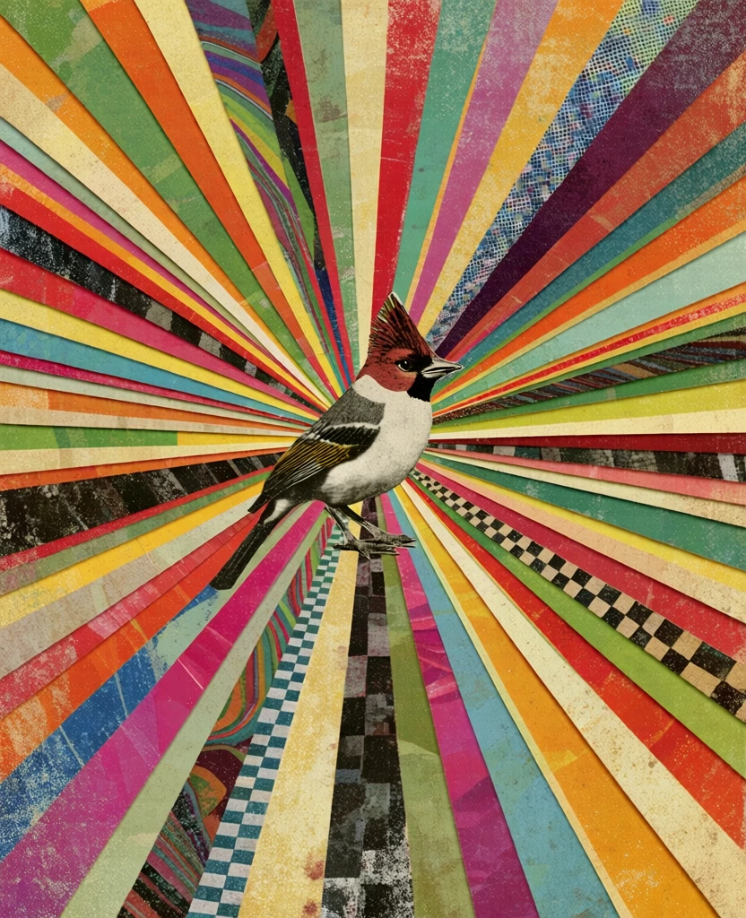 a single bird with a crest depicted as a high-contrast monochromatic vintage photographic cutout, centered at the vanishing point of an energetic radial sunburst, composition features hand-cut paper rays in vibrant ochre, crimson, teal, and magenta, rich tactile analog textures including halftone dots, marbled paper patterns, checkered ribbons, and heavy distressed paper grain, weathered edges, retro psych-pop mixed media collage aesthetic, flat 2d graphic design style