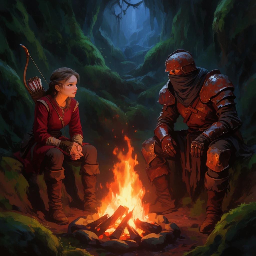 A young female archer in a crimson tunic sits across a roaring campfire from a masked warrior in rusted plate armor. They rest in a dense mossy cavern. Intense orange firelight contrasts with deep blue shadows in this atmospheric painterly illustration.