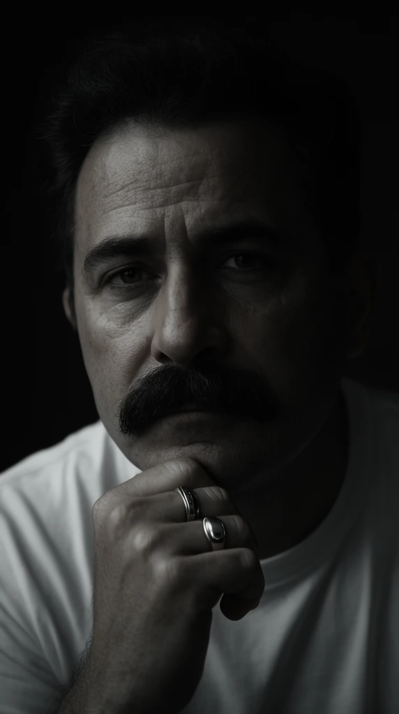 A cinematic close-up portrait of a middle-aged man with a thick dark mustache resting his chin on his right fist. He wears a plain white t-shirt and two rings on his hand. Dramatic low-key lighting illuminates the left side of his face while the right side fades into a pitch-black background, using a highly desaturated color palette to emphasize his somber expression and textured skin.