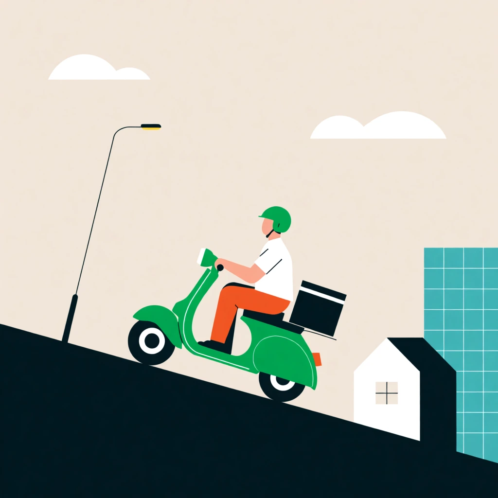 Flat vector illustration of a driver riding a green scooter up a steep hill. The rider wears a green helmet, white shirt, and orange pants, with a black delivery box mounted behind. The minimalist background features a beige sky, simple white clouds, a geometric white house, and a teal gridded high-rise beside a streetlamp. Rendered in a clean corporate style using solid colors and no outlines.