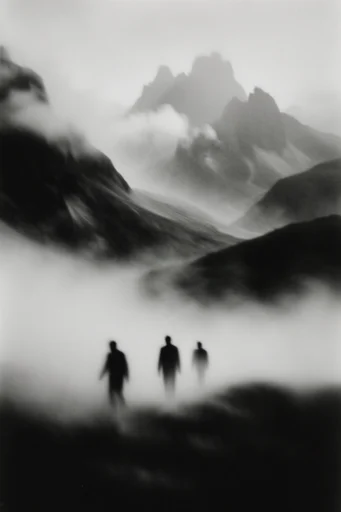 Ethereal Monochrome Noir style reference image — heavy film grain