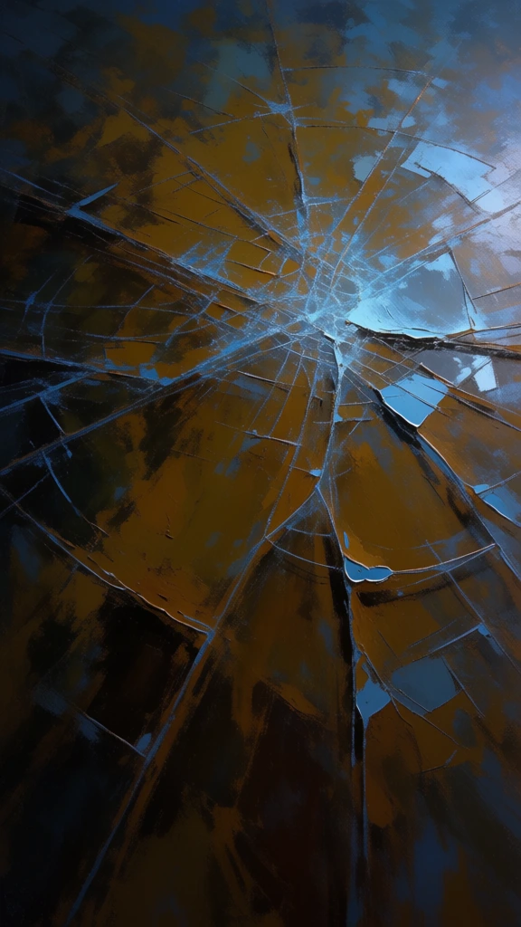 painterly impressionist style, expressive textured brushstrokes, deep ochre and dark sienna base, cool light blue highlights, high-angle perspective, surface covered in branching lines and jagged fractures, radiating web-like fissures, moody high contrast lighting, gestural marks, dynamic movement, layered thick impasto details, earthy tones blended with icy blues, scattered broken geometric shards, intricate network of sharp cracks, dark moody atmosphere.