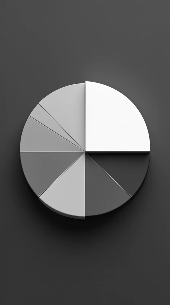 grayscale 3D pie chart centered on a dark gray background, minimalist data visualization, prominent pure white slice in the top right quadrant occupying a quarter of the circle, remaining slices ranging from light silver to dark charcoal, separated by thin precise lines, subtle 3D extrusion, soft drop shadow on a flat matte surface, sharp geometric shapes, stark monochrome contrast, clean corporate aesthetic, top-down perspective, smooth even lighting