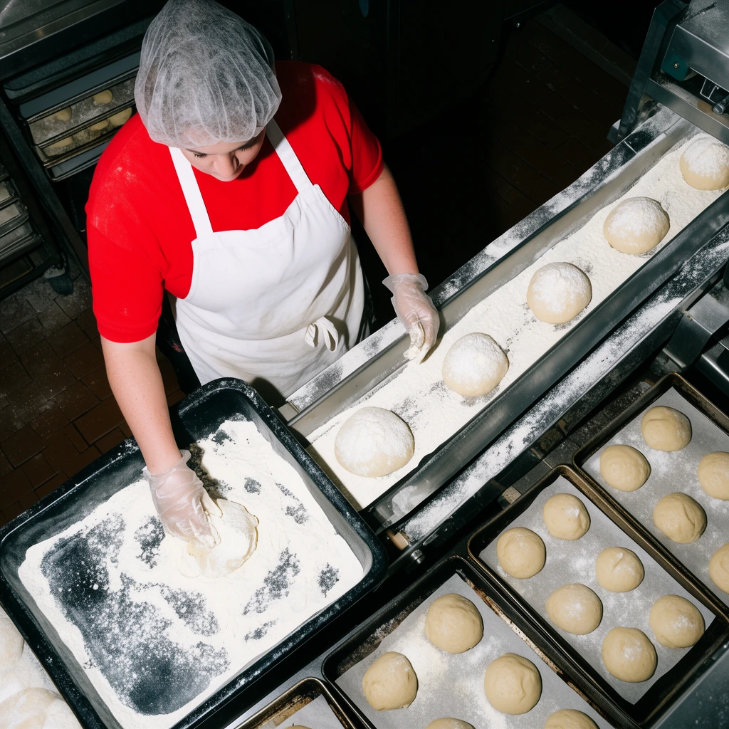 top-down view of a bakery worker, bright red shirt, white apron, hairnet, gloved hands coating dough in a flour-filled black tray, metal conveyor belt transporting flour-dusted dough balls, adjacent baking trays filled with dough on parchment paper, industrial kitchen setting, stark overhead lighting, high contrast documentary photography