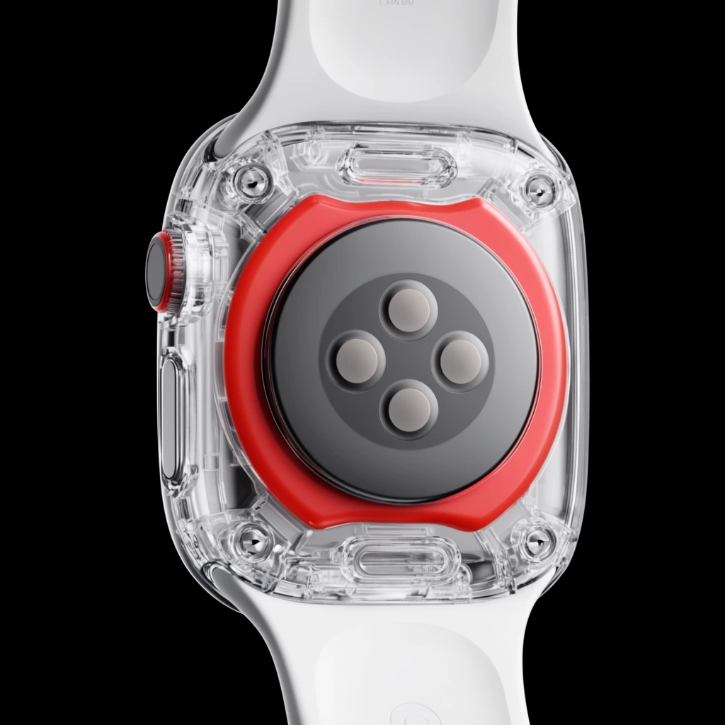 transparent smartwatch back, clear casing exposing circular dark grey sensors, bold red curved accent, stark white bands, black background, macro product shot