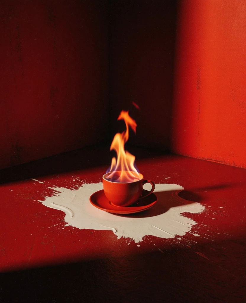 minimalist monochromatic crimson room, corner composition featuring deep red walls and floors, dramatic chiaroscuro lighting with high-contrast shadows, a stark off-white irregular paint-like splash on the floor, a sleek ceramic cup on a saucer positioned on the white splash, vibrant orange flames leaping from the liquid within, cinematic grain, moody surrealist aesthetic, editorial high-fashion photography style, saturated maroon tones, crisp minimalist details.