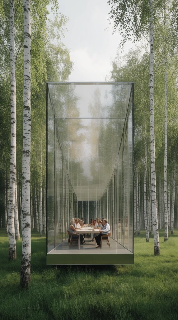 Modern glass pavilion in a birch forest, people meeting at a long table inside, tall white birch trees, green grass, soft daylight, architectural rendering