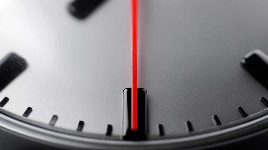 An extreme macro photograph of a brushed silver metallic dial featuring a strikingly thin, vibrant red indicator needle extending vertically down the center. The needle aligns with a raised, glossy black geometric marker near the bottom curve. Small rectangular tick marks line the outer lower edge. Shot with a shallow depth of field, the peripheral dark shapes fade into smooth bokeh while the central red line and black elements remain in sharp focus. Subtle micro-scratches on the convex protective glass cover catch soft, diffused light, highlighting the minimalist industrial design.