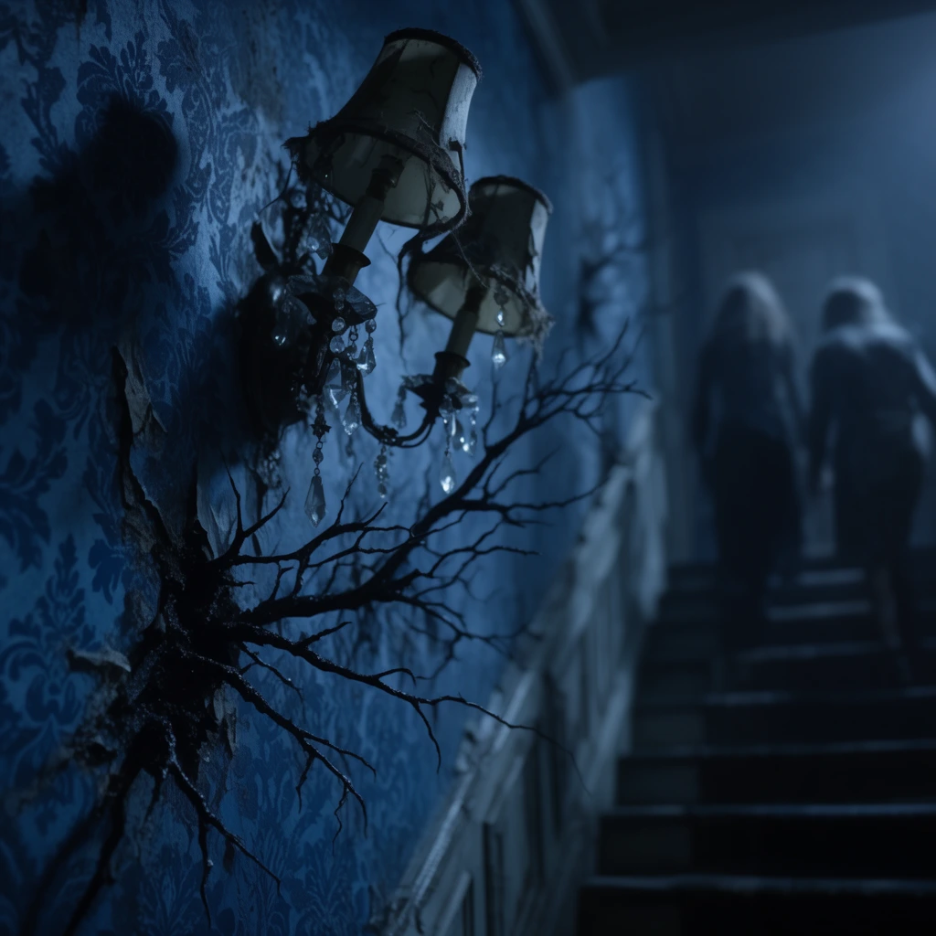 A dimly lit hallway features jagged black branches bursting through peeling blue damask wallpaper. A damaged dual-lamp sconce with frayed shades and dangling crystals hangs askew on the wall. In the heavily defocused background, two blurred figures ascend a staircase. The cinematic shot utilizes cool blue color grading, heavy shadows, a gothic horror atmosphere, and a stark shallow depth of field focusing on the creeping thorny vines.