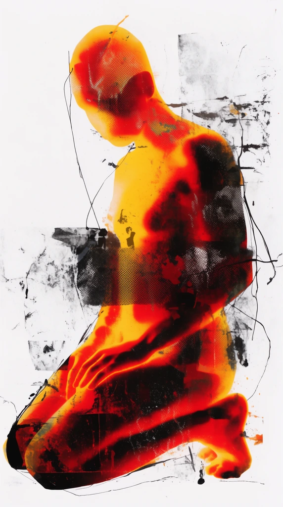 A deconstructed mixed-media collage on a stark white background featuring a highly distorted, thermal-imaging style human silhouette rendered in fiery yellow, orange, and deep red gradients. The abstract kneeling figure is heavily layered with distressed textures, erratic black lines, ink smudges, and dense halftone dot patterns, forming an edgy, high-contrast acid graphic aesthetic.
