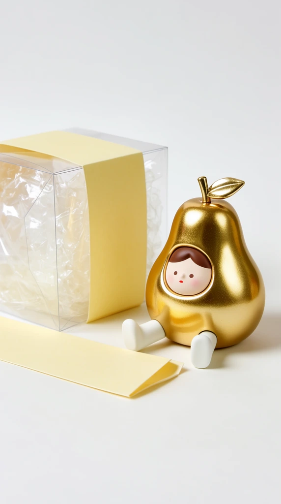 A metallic gold pear-shaped figurine with a small human face sits on a smooth white surface beside minimalist packaging. The glossy figure features a pale face peeking from an oval cutout, showing brown bangs, dot eyes, pink cheeks, and a tiny red mouth, topped with a metallic stem and leaf. Two matte white cylindrical legs extend forward. Behind it rests a clear plastic cube filled with crinkled film and banded by a pale yellow paper sleeve, with a matching yellow paper strip lying in the foreground. The bright studio lighting casts gentle reflections on the anthropomorphic fruit, emphasizing the contrast between the shiny gold and the soft matte paper textures.