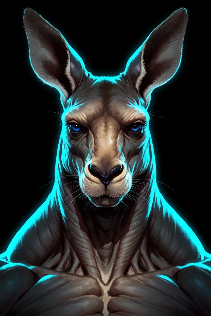 Symmetrical portrait of a muscular, anthropomorphic kangaroo-like creature against a solid black background. The subject has tall pointed ears, deep blue eyes, and heavily textured skin resembling prominent musculature. Intense, glowing cyan rim lighting dramatically outlines the silhouette, contrasting with warm tan highlights on the snout. Thin whiskers extend from the muzzle in this high-contrast sci-fi digital illustration.