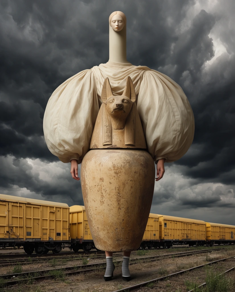 A towering, surreal composite figure hovers in a desolate rail yard beneath a dramatic stormy sky. The entity features a tiny sculpted female head on a tall cylindrical neck, blending into a massive bulbous torso of pale draped forms with enormous puffed sleeves and small human hands. A large, weathered Egyptian canopic jar with a carved jackal head forms the lower body. Thin human ankles in striped socks and heels protrude from the base. A yellow freight train rests on background tracks amidst sparse weeds, completing this photorealistic digital collage of juxtaposed scales.