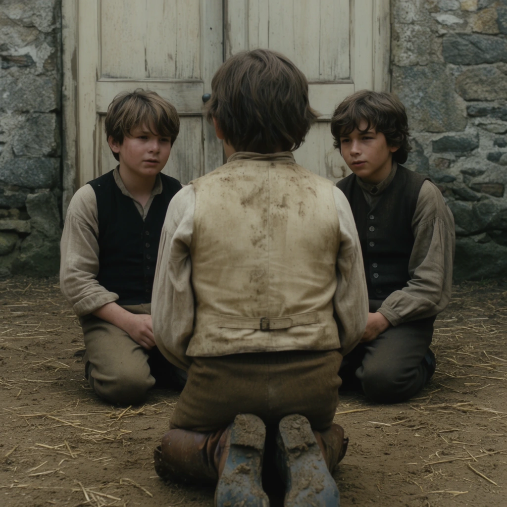 three young boys huddled together on a dirt floor, wearing rustic period clothing, kneeling foreground boy viewed from behind in a dirty beige vest and mud-caked leather boots, two other boys sitting attentively in dark vests, dirt ground scattered with dry straw, weathered pale wooden double doors set into rough stone walls in the background, cinematic widescreen framing, muted earth tone palette, soft diffused natural daylight, gritty realism, high resolution