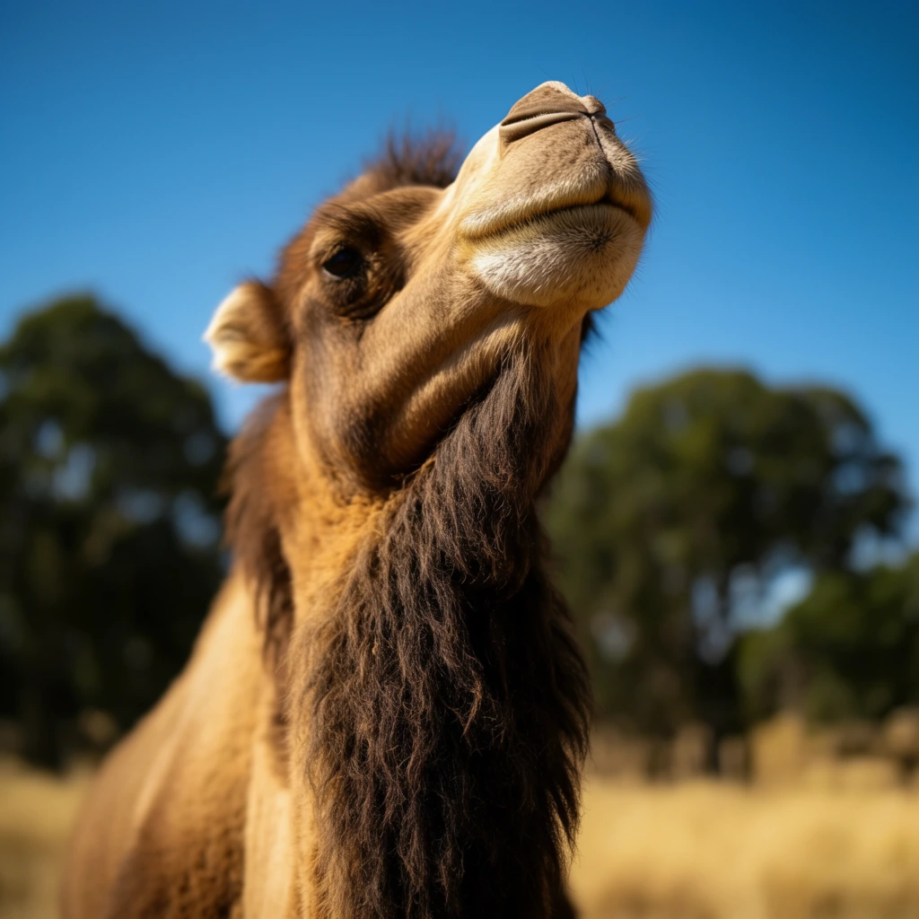 A low-angle close-up portrait of a camel's head framed against a vibrant blue sky. Sharp focus isolates the camel's highly textured, tan muzzle angled proudly upward into bright natural sunlight. A thick, shaggy mane of dark brown fur drapes heavily down its long neck, contrasting with the smooth skin around its mouth. The shallow depth of field transforms the background into a soft bokeh of dark green trees and sun-bleached yellow grass. Warm, directional light casts deep shadows beneath the jaw, highlighting the rugged details of the animal's face.