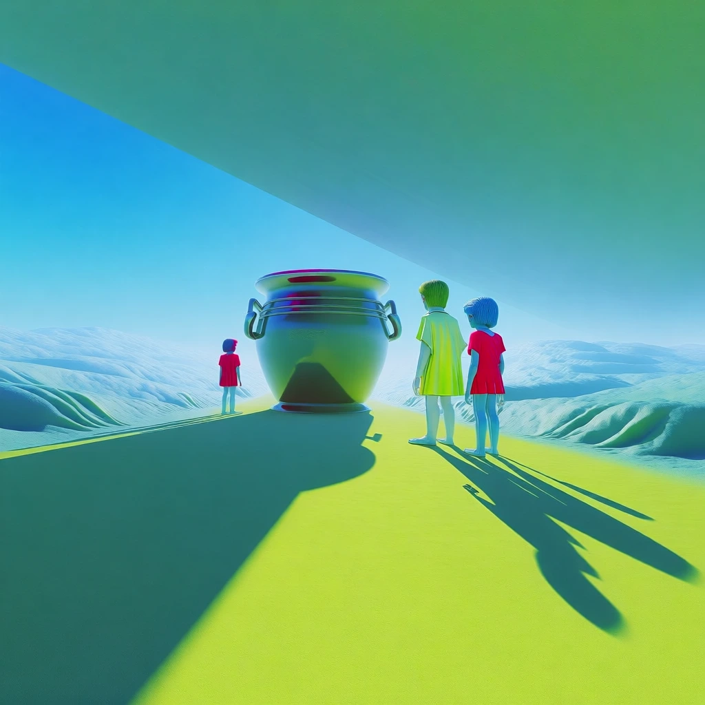 saturated teal and lime green movie poster for the black cauldron, a monolithic matte black cauldron centered in a minimalist digital landscape, stylized fantasy characters taran and gurgi rendered with smooth plasticine surfaces, sharp geometric silhouettes, high-key daylight, hard-edged graphic shadows, one-point perspective, surreal dreamcore aesthetic, vibrant turquoise and chartreuse color blocking, flat lighting, uncanny digital precision, vast negative space, ultra-clean cg rendering