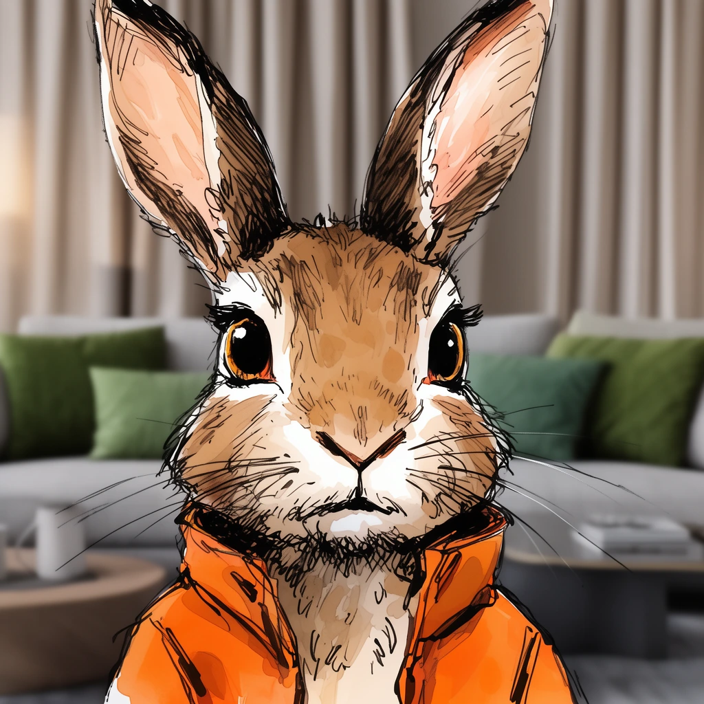 Close-up sketch of an anthropomorphic brown rabbit in an orange jacket against a blurred modern living room. The rabbit features large expressive eyes, tall ears, and long whiskers, rendered with loose black ink lines and warm digital color washes. The out-of-focus background includes a grey sofa, green pillows, and beige curtains, contrasting the sharply illustrated foreground.