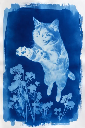 Ethereal Cyanotype Botanical style reference image — spectral double exposure