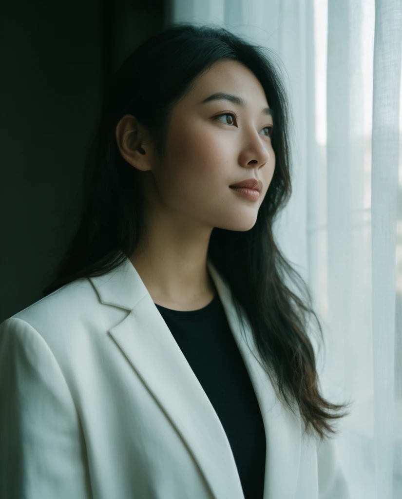 young Asian woman gazing thoughtfully out a window, crisp white blazer over a black top, long dark hair, soft natural daylight illuminating her face, sheer white curtain on the right, deep shadowed background on the left, cinematic portrait photography, medium close up, shallow depth of field, sharp focus, cool muted tones
