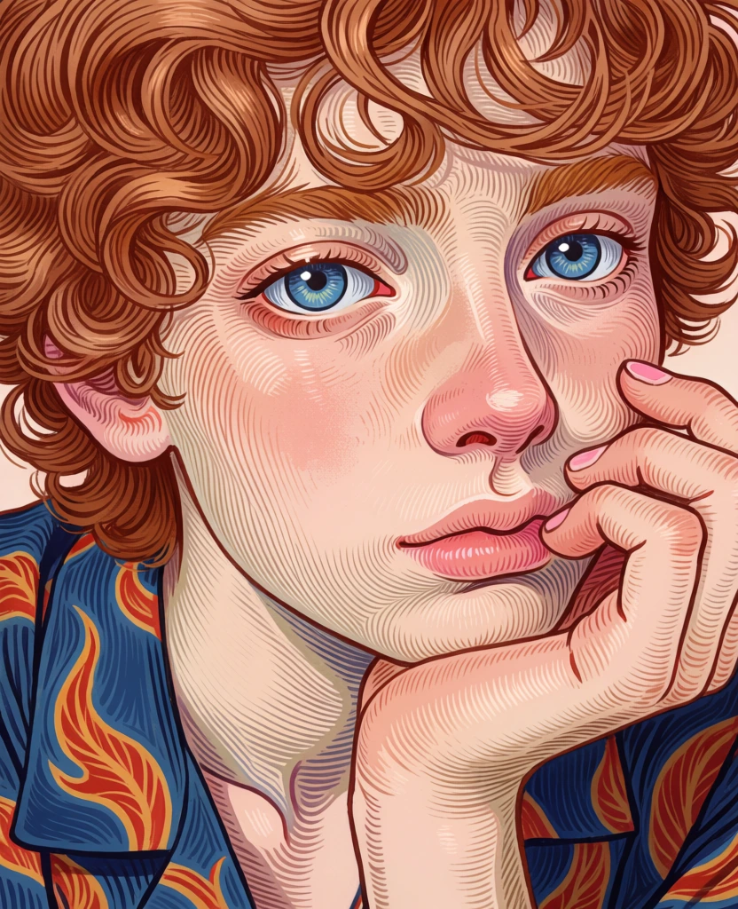 A stylized close-up portrait showcases a young person with vivid blue eyes and curly reddish-brown hair resting their chin thoughtfully on their hand. The subject's face is rendered with an intricate network of fine, flowing lines that follow the contours of the skin, creating a textured, engraved appearance. Large, circular irises are a bright cerulean blue, contrasting against pale skin that has pinkish hues on the cheeks, nose, and lips. The person’s right hand, also detailed with fine lines, supports the jawline on the left side of the frame. Below the face, a portion of a patterned shirt is visible, featuring a deep blue base adorned with swirling, flame-like motifs in orange and red. The hair consists of tight, reddish-brown curls that frame the top and sides of the head. The composition is an extreme close-up, focusing tightly on the facial features, while the background is entirely obscured by the subject. The lighting is soft and even, highlighting the meticulous linear technique and the vibrant color palette of warm peaches, cool blues, and fiery oranges.