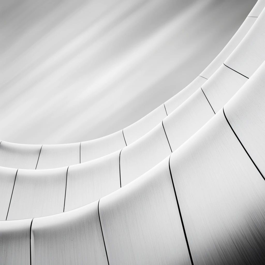 Abstract architectural composition featuring overlapping curved metallic panels in monochrome. The wave-like white tiers exhibit a subtle brushed texture, segmented by thin, dark vertical seams that trace the undulating forms. Rising diagonally, the crisp architectural geometry contrasts sharply against a long-exposure sky with soft, blurred diagonal streaks of pale grey light.