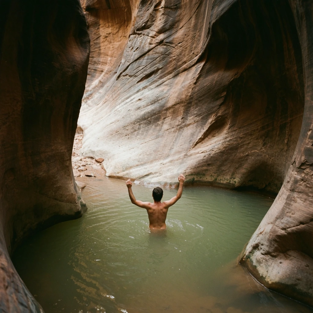 A bare-backed person wades waist-deep with raised arms in a murky green pool enclosed by towering slot canyon walls. Smooth, undulating sandstone in deep brown and pale beige frames the water. A sweeping, striated rock face slopes toward the pool, contrasting against the dark, moody shadows of the narrow chasm. The high-angle perspective and diffuse natural top-lighting emphasize the vast geological scale, capturing an earthy color palette with subtle film grain.