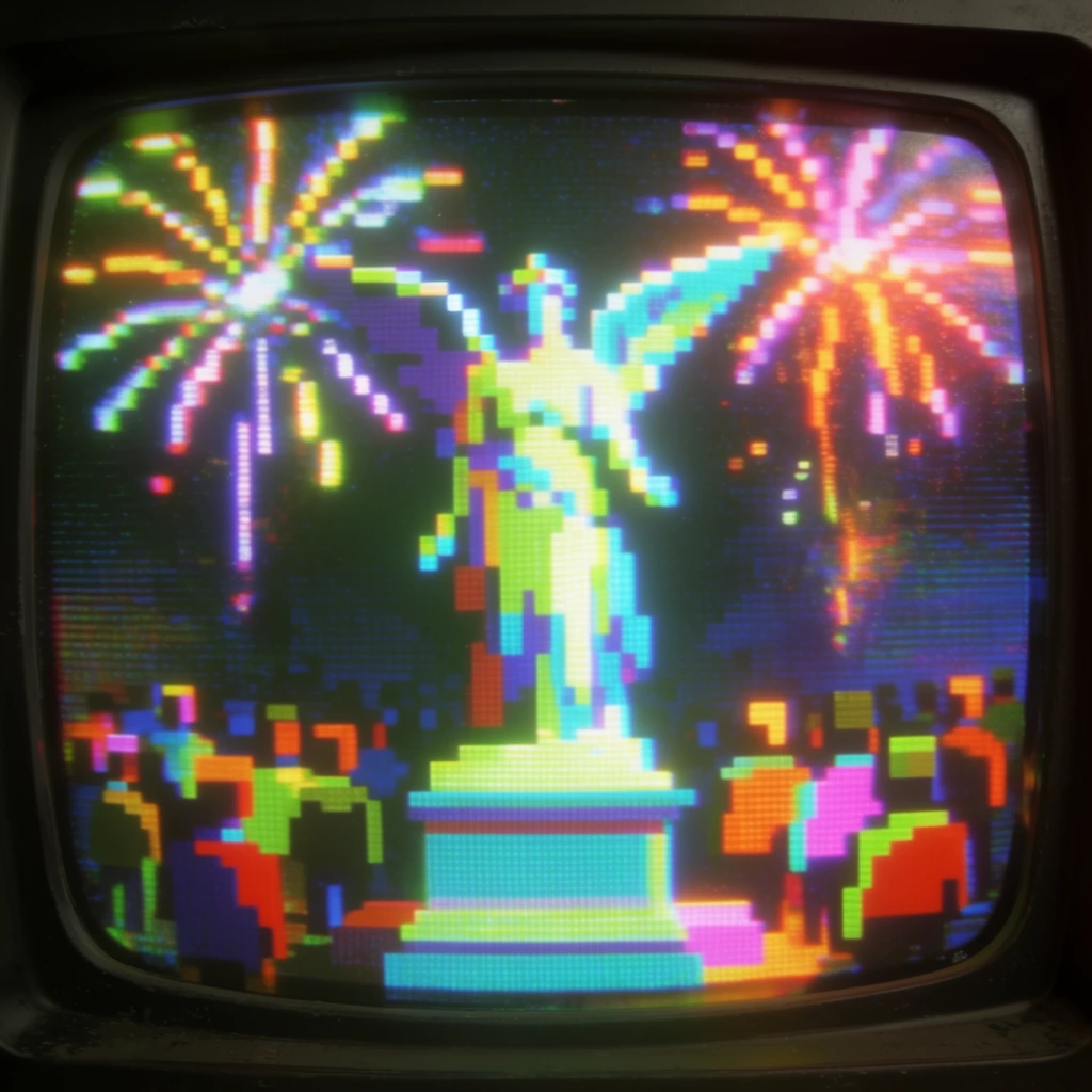 A central winged statue on a pedestal rendered in chunky 8-bit pixel art, surrounded by bright pixelated fireworks erupting in the background and a blocky crowd gathered below. The scene features vibrant, high-contrast neon cyan, lime green, magenta, and orange pixel blocks set against a dark, low-fidelity background. The image is framed as a close-up photograph of a vintage CRT television monitor, enclosed by a thick, rounded black plastic bezel. The screen surface displays heavy horizontal scanlines, prominent RGB phosphor grids, glowing pixel bloom, color bleeding, and slight chromatic aberration across the convex glass display.