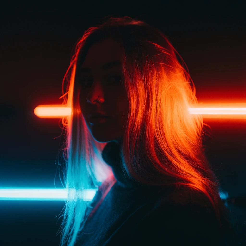 A young woman with long flowing hair stands illuminated by striking dual-tone neon lighting in a dramatic cinematic portrait. Turned slightly toward the camera, her face is heavily shadowed in silhouette and accented by a small nose ring. Intense orange-red rim lighting blazes through her hair on the right side, cast by a glowing horizontal neon tube behind her. Below, a bright cyan-blue neon tube emits a cool glow illuminating the lower left strands of her hair and her dark turtleneck sweater. The pitch-black background emphasizes the high-contrast chiaroscuro effect and vivid complementary colors. Shallow depth of field softens the horizontal light bars, creating a moody neon noir aesthetic that highlights the luminous texture of her intensely lit hair against the deep surrounding darkness.