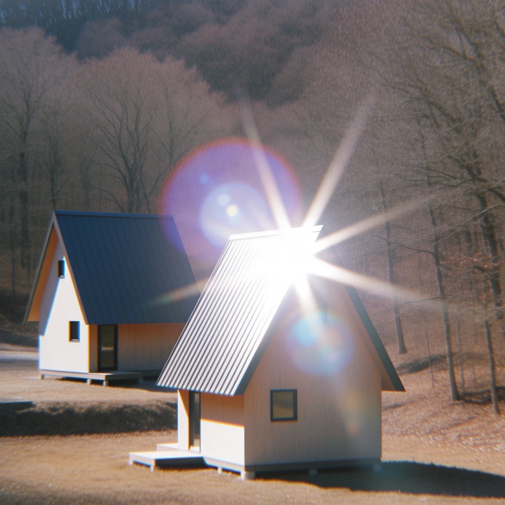 two identical minimalist a-frame cabins on separate plots, set in a dense winter forest, captured in a grainy early 2000s lo-fi digital camera aesthetic, a blinding white lens flare burst with sharp radial spikes and purple chromatic aberration centered on one cabin, harsh sunlight creating blown-out highlights and deep shadows, low-resolution pixelated texture, muted earth tones, vintage digital noise, high contrast, raw documentary style, overexposed sunlight, rustic landscape