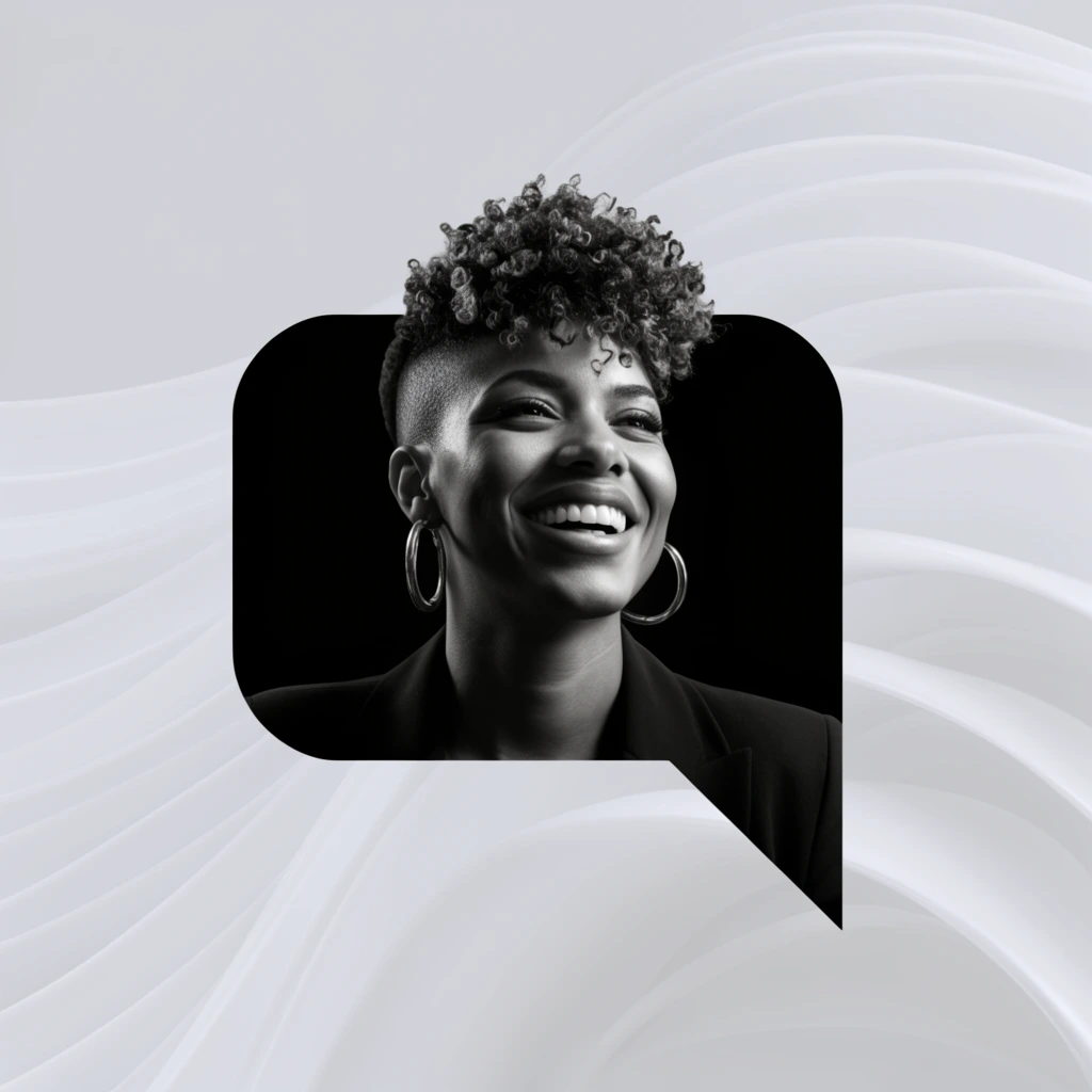 light gray abstract background with smooth flowing 3D ribbon waves, central graphic cutout shaped like a black speech bubble with a bottom-right tail, inset high-contrast monochrome portrait of a smiling woman, curly hair styled on top with shaved sides, large hoop earrings, dark blazer, joyful expression, dramatic directional lighting, minimalist graphic design layout, sleek modern composition