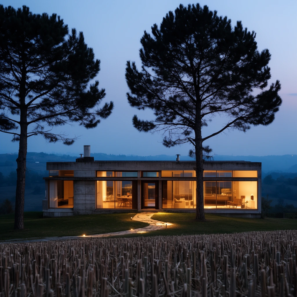 modernist single-story concrete and glass house at twilight, warm golden interior lighting glowing through expansive windows, towering dark pine tree silhouettes framing the structure, gently lit stone pathway winding to the entrance, foreground field of cut stalks, rolling hills fading into a cool blue dusk sky, architectural photography, high contrast lighting, serene atmosphere