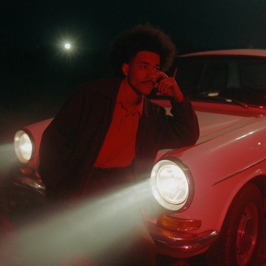 A young man with an afro and thin mustache leans against the hood of a vintage white car at night under intense red ambient lighting. He wears a dark jacket over a reddish-orange collared shirt, resting his hand casually near his cheek while gazing off-camera. The retro car features prominent round headlights, with the closest one illuminated brilliantly, casting a thick, hazy beam of white volumetric light across the lower left foreground. The nocturnal scene is enveloped in deep shadows, featuring a distant, starburst-like light source glowing faintly in the dark background. The composition exudes a cinematic neo-noir aesthetic with prominent film grain, soft focus, and moody color grading that washes the subject's face and the car's exterior in rich crimson tones.
